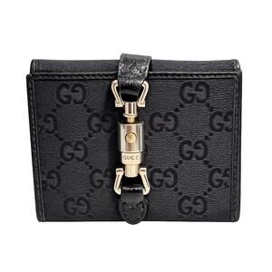 Gucci Jackie Compact Wallet Black Microguccissima Piston Lock Gold Hardware
